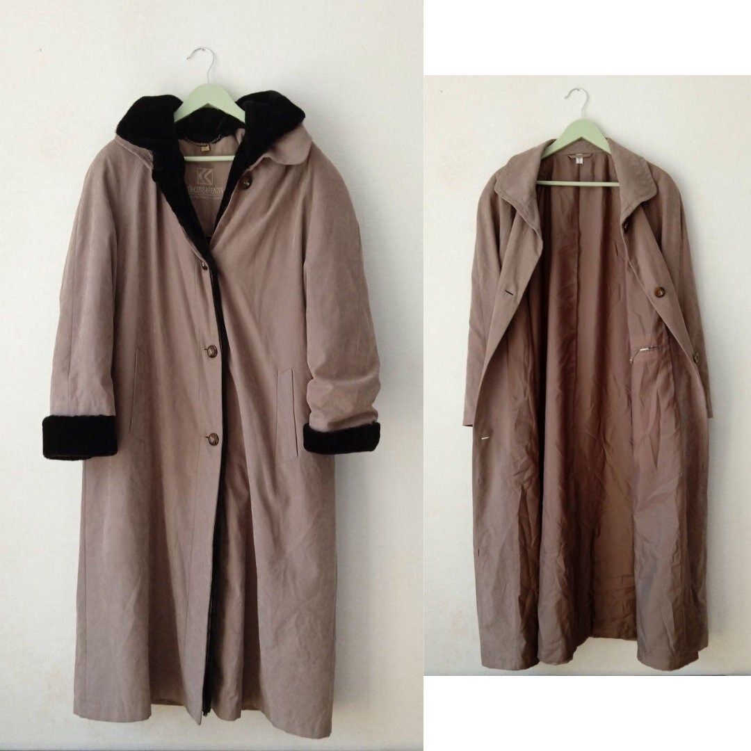 Vintage Tan Lined Trench, Unisex Oversized Coat, Khaki Gray