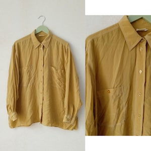 Vintage silk blouse, Yellow secretary silk shirt, classic design silk blouse, capsule wardrobe long sleeve shirt