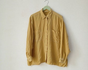 Vintage Yellow Silk Blouse, Long Sleeve Secretary Shirt