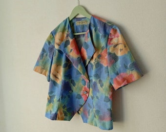 Blazer vintage de lino con estampado floral, chaqueta corta de manga corta