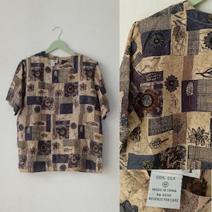Vintage Women Silk Blouse Floral Print Short Sleeve Shirt Size M