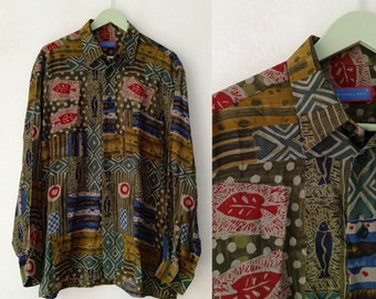 Vintage Abstract Multicolor Shirt, Retro Button Down Blouse, 90s Michael Kauf Viscose Cupro Fish Graphic Size 39
