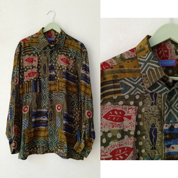 Vintage Abstract Multicolor Shirt, Retro Button Down Blouse, 90s Michael Kauf Viscose Cupro Fish Graphic Size 39