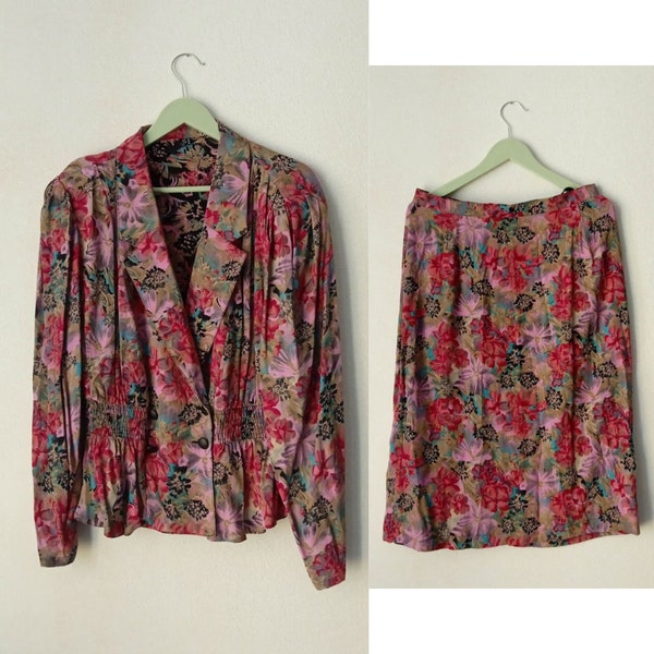 Vintage Skirt Suit Set, Jacket & Skirt Viscose Suit, Floral Pattern Retro Jacket, Flower Print Skirt, Size UK 16