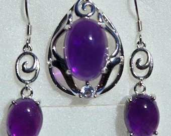 Conjunto de collar y pendientes de amatista natural. ¡Vea el vídeo del color morado! Cabujones de piedra de 10 x 14 mm/8 x 10 mm, engastes de plata de ley 925, cadena espiral de plata de ley de 45 cm.