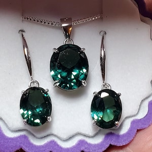 Alexandrite Color-Change Necklace/Earring Set, See Video! 10x12mm/8x10mm Lab Created Synthetic Gems, 925 Sterling Silver, 18&quot; Sterling Chain