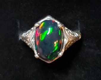 Real Black Opal Ring, See Video! 9.6x13.5, 3.7 Ct Ethiopian Opal,  925 Sterling Art Deco Style Ring Size 7.5. Velvet Box