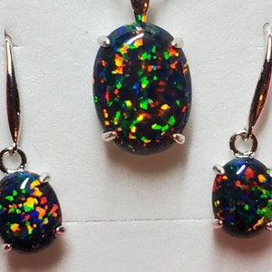 Black Opal Necklace/Earring Set, See Video For Fire! 13x18mm & 8x10mm Lab Created Opals, Choice of Pendant 925 Sterling Silver, 18" Chain