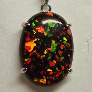 Huge Black Opal Necklace, See Multicolor Fire On Video! 18x25mm Lab Created Synthetic Opal, Choice Of Sterling Pendant, 20&quot; Sterling Chain