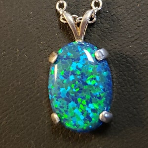 Peacock Blue-Green Opal Necklace 10x14mm Lab Created Opal, 925 Sterling Pendant,  18" Sterling Chain