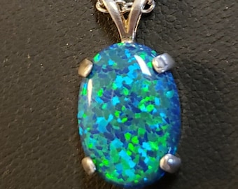 Peacock Blue-Green Opal Necklace 10x14mm Lab Created Opal, 925 Sterling Pendant,  18" Sterling Chain