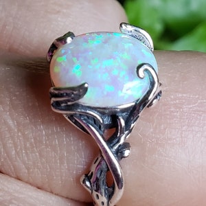 White Fire Opal Ring, Vine and Leaf Design. Big 10x12mm Lab Opal Glows With Green Flash! Sterling Silver Ring, Adjustable Size 5-8.5