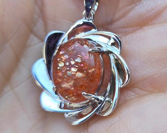 Natural Orange Sunstone Necklace, Here Comes The Sun! See Video,10x12 Orange Sunstone,925 Sterling Sun Design Pendant w/18" Sterling Chain