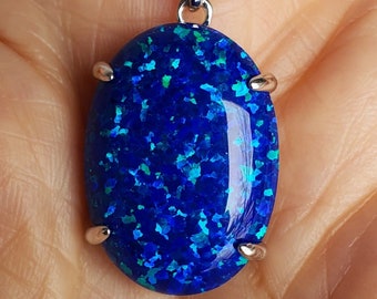 Huge Deep Blue Opal Necklace, See Video! 18x25mm Lab Created Opal, Unisex 925 Sterling Pendant, 20" Sterling Rolo Chain