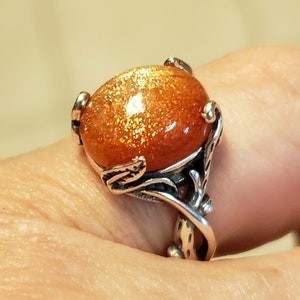 Natural Orange Sunstone Ring,See Video For Beautiful Shimmer! Big 10x12mm Sunstone, Sterling Vine & Leaf Ring, Adjustable Size 5-8.5