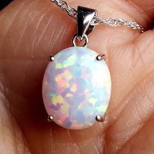 White Fire Opal Necklace, See Video For Rainbow Fire! 10x12mm Lab Created Opal, 925 Sterling Pendant, Choice Of Bail, 18" Sterling Chain