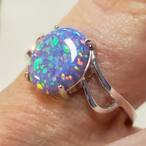 Lavender Purple Opal Ring, See Video! Multicolor Fire 8x10mm Lab Opal, 925 Sterling Silver Modern Design Ring