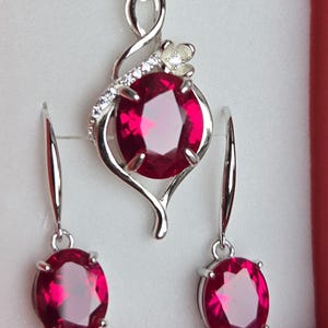 Deep Red Ruby Necklace/Earring Set, See Video! 10x12mm/8x10mm Lab Grown Gems, 925 Sterling Settings, 18" Chain, Choice Of Ear Wire Styles