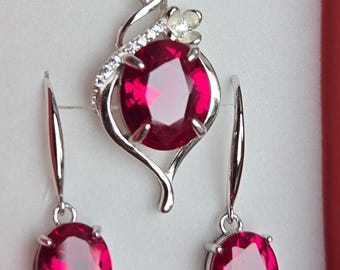 Deep Red Ruby Necklace/Earring Set, See Video! 10x12mm/8x10mm Lab Grown Gems, 925 Sterling Settings, 18" Chain, Choice Of Ear Wire Styles