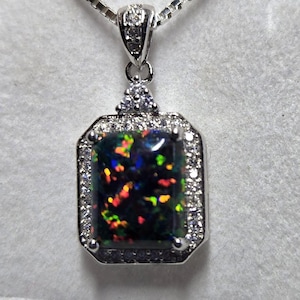Black Opal Rectangular Necklace, See Fire On Video! 8x10mm Lab Created Opal,Dainty 925 Sterling Pave' CZ Pendant,18" Sterling Chain