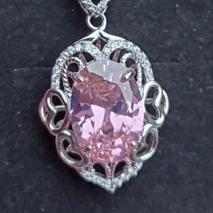 Pink Gem Rococo Heart Necklace, See Sparkle On Video! 10x14mm Cubic Zirconia, 925 Sterling Silver Pendant w/CZ Accents, 20" SterlingChain