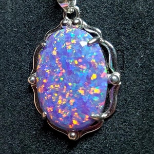 Lavender Purple Opal Necklace, See Colorful Fire On Video! 13x18mm Lab Created Opal, 925 Sterling Dolly Pendant, 18&quot; Sterling Chain