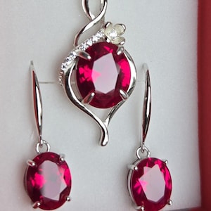Deep Red Ruby Necklace/Earring Set, See Video! 10x12mm/8x10mm Lab Grown Gems, 925 Sterling Settings, 18&quot; Chain, Ear Wires, Gift Box