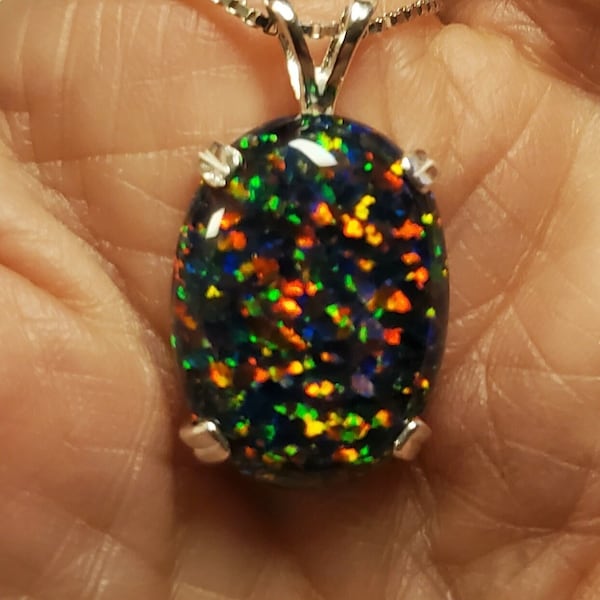 Large Black Opal Necklace, See Video For Multicolored Fire! Big 15x20mm Lab Created Opal, 925 Sterling Pendant, 18" Sterling Chain