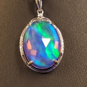 Big Aurora Opal Necklace, Watch Video For Rainbow! 13x18mm Faceted Lab Created Opal,925 Sterling Silver Pendant w/CZ Trim,18" Sterling Chain