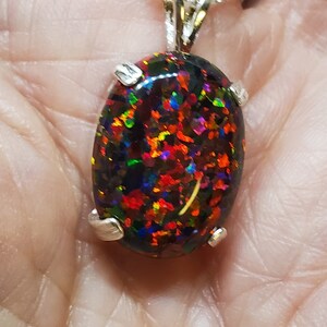 Large Black Cherry Opal Necklace, Must See Cherry Fire On Video! 15x20mm Lab Created Opal, Unisex 925 Sterling Pendant, 18" Sterling Chain