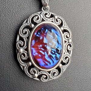 Big Dragons Breath Necklace, See Blue Flash On Video! 13x18mm Vintage Glass Cab, Antiqued Sterling Silver Pendant, 20&quot; Sterling Chain