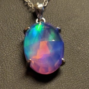 Aurora Opal Necklace, See Rainbow Flashes On Video! 13x18mm Faceted Lab Created Opal, 925 Sterling Pendant, 20" Sterling Chain
