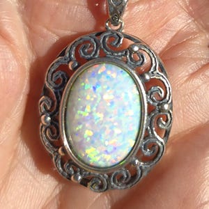 White Opal Vintage Style Necklace, 13x18mm Lab Created Opal, 925 Sterling Antiqued Pendant, 20" Sterling Chain