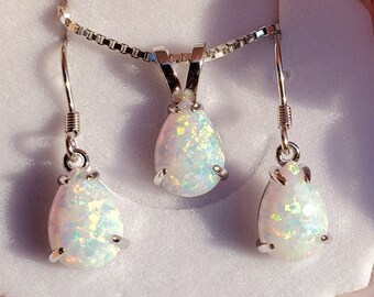 White OR Blue Opal Pear Silver Set,Necklace/Earring, See Video! 7x10mm Lab Created Opals, Dainty 925 Sterling Silver Necklace & Earrings