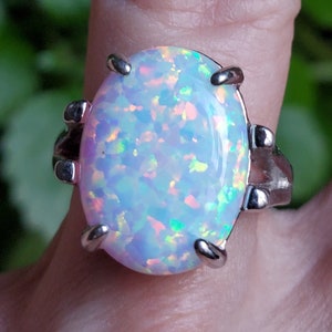 Large White Fire Opal Ring, See Video For Colorful Fire! Big 12x16mm Lab Created Opal. Sturdy 925 Sterling Silver Ring. Velvet Box