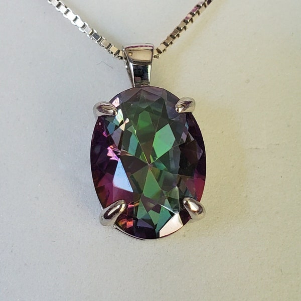 Genuine Mystic Topaz Necklace, See Rainbow Colors on Video! 12x16mm Topaz, 925 Sterling Silver Pendant, 18" Sterling Chain