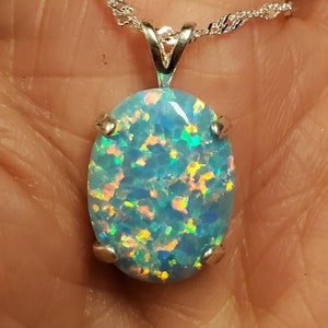 Light Teal Opal Necklace, See Video!, Beautiful 13x18mm Lab Created Opal, 925 Sterling Pendant. 20&quot; Sterling Chain