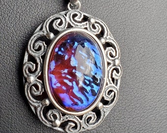 Big Dragons Breath Necklace, See Blue Flash On Video! 13x18mm Vintage Glass Cab, Antiqued Sterling Silver Pendant, 20" Sterling Chain