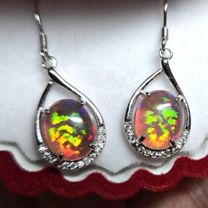 Firey Opal Earrings, See Super Fire On Video! 8x10mm Lab Created Synthetic Opals, 925 Sterling Teardrop W/CZ Trim, Ear Wires, Shell Box