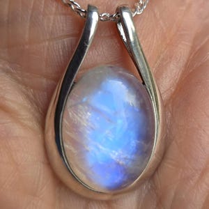Natural Moonstone Necklace, See Example Of Flash On Video! 13x18mm Stone, Sleek 925 Sterling Pendant w/20" Sterling Chain. Scroll To Details