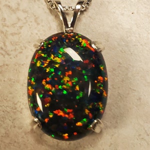 Large Black Opal Necklace, See Video For Multicolored Fire! Big 15x20mm Lab Created Opal, 925 Sterling Pendant, 18" Sterling Chain