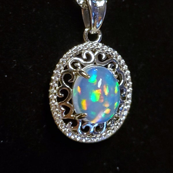 Colorful Natural Opal Necklace, See Video! 8x10mm 1.2 CT Ethiopian Opal, 925 Sterling Halo Filigree Pendant,18" Sterling Chain, Velvet Box