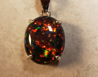 Black Opal Necklace, Multicolored Fire See Video! 10x12mm Lab Created Synthetic Opal, 925 Sterling Silver Pendant, 18" Sterling Chain