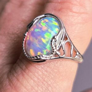 Fire Opal Wire Wrap Ring, 10x14mm Bello Synthetic Opal, See Video! 925 Sterling Ring, Rhodium Plated . Ring Box