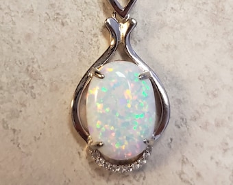 White Fire Opal Necklace, See Video!, Wonderful Large Lab Fire Opal 10x14mm, Victorian Style 925 Sterling Necklace