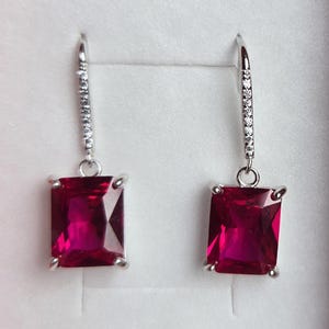 Deep Red Ruby Rectangle Earrings, See Fire On Video! 8x10mm Lab Grown Gems, 925 Sterling Silver Settings, CZ Trims, Ear Wires, Gift Box