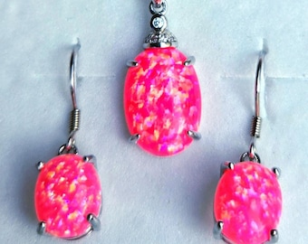 Bright Pink Opal Set, 10x14/8x10mm Lab Created Opals, 925 Sterling Settings, 18" Sterling Chain. Gift Box Or Shell Box