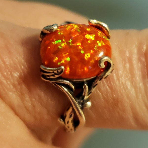 Orange Fire Opal Ring, See Video! Vine & Leaf Ring, Firey 10x12mm Lab Created Opal Full of Fire! Sterling Vine Ring. Adjustable Size 5-8.5