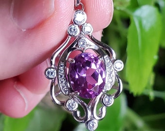 Alexandrite Chandelier Design Necklace, SeeVideo! 925 Sterling Vintage Style, 8x10mm Simulated Lab Gem w/9+ CZ Accent Stones.Gift Box Inc!