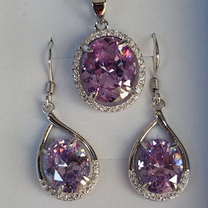 Lavender Zirconia Necklace/Earring Set, See Video! Sparkling 10x12mm/8x10mm Cubic Zirconias, 925 Sterling CZ  Halo Settings, 18&quot; Chain.